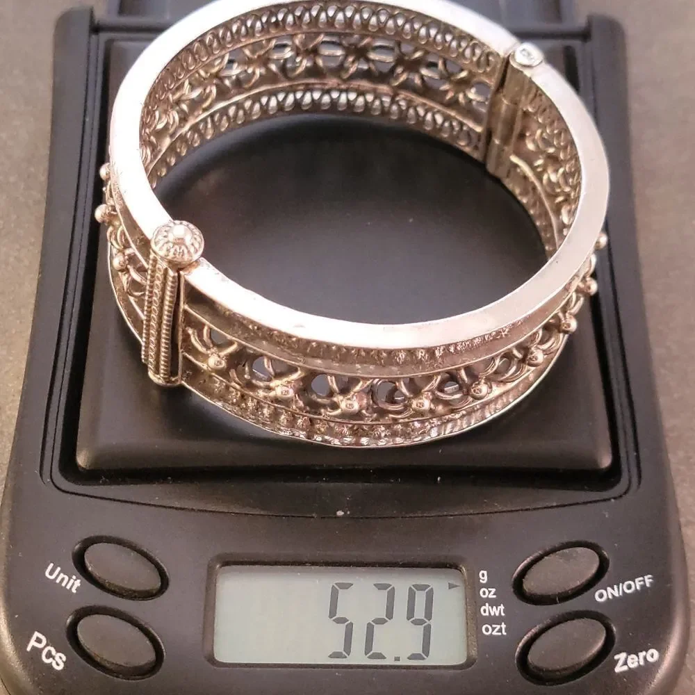 Sterling Vintage Wide Openwork Flower Hinge Bangle Bracelet